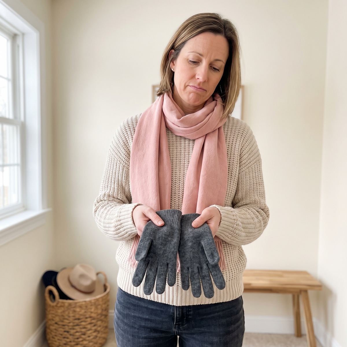 Woman looking at ordinary gray gloves