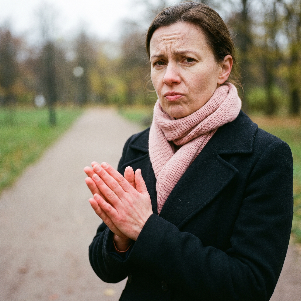 Woman rubbing cold hands outdoors