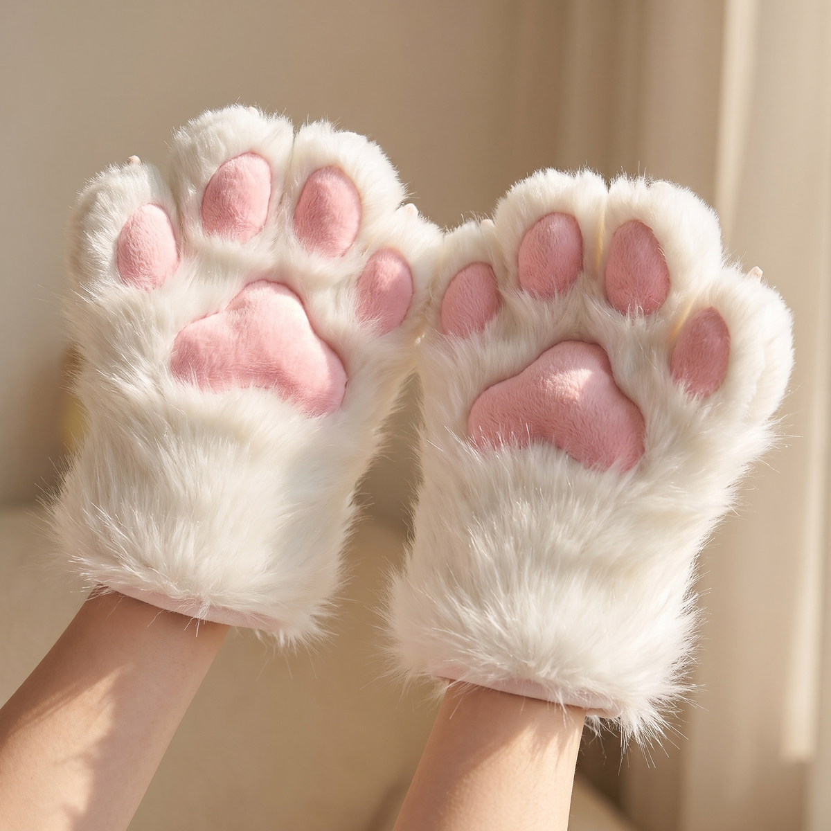 White fluffy cat-paw gloves with pink paw pads worn on two hands